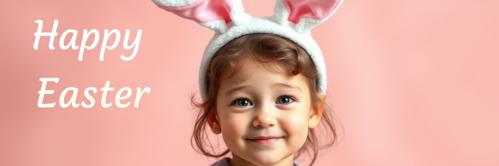 Young child wearing bunny ears smiles warmly against a pink background while celebrating Easter festivities with joy